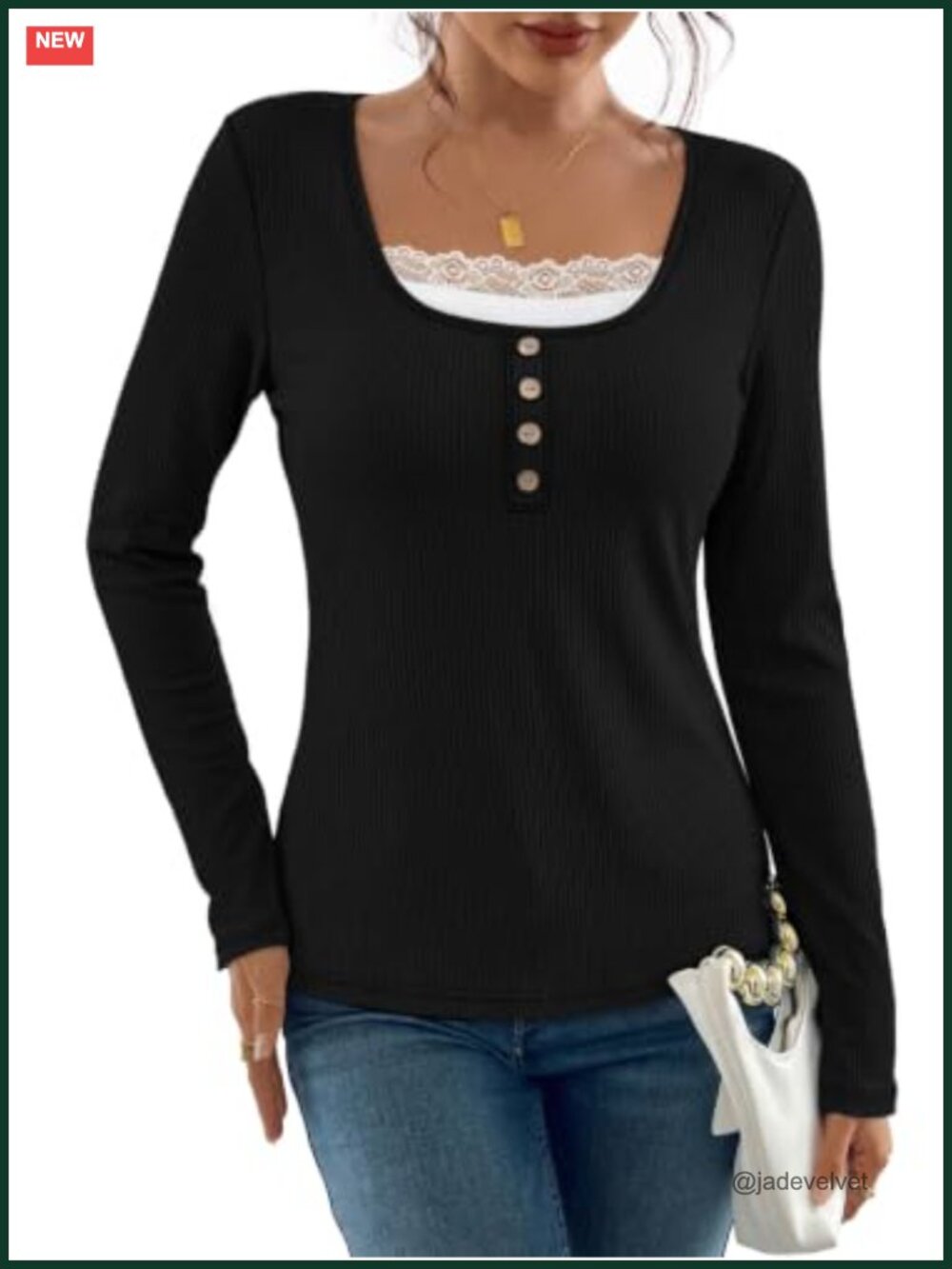 Women's Ribbed Long Sleeve Lace Trim Top with Buttons